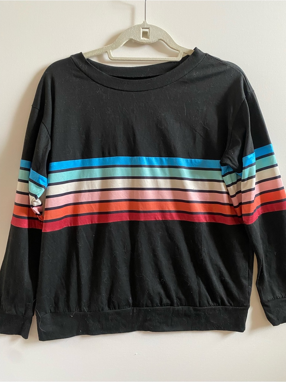 SHEIN Black Long Sleeve Top with Rainbow Stripes